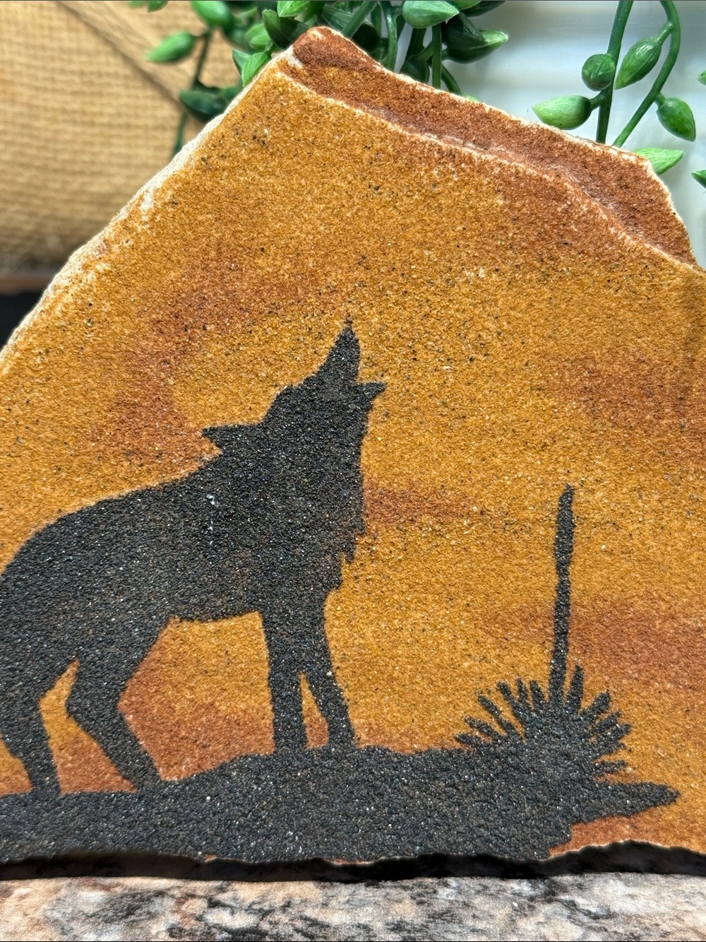 Howling Wolf Desert Stone Art - Rustic Orange and Black - Picture 2 of 4